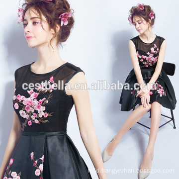 2016 short party dresses black short prom dress with printed flower Elegant Bridesmaid wear